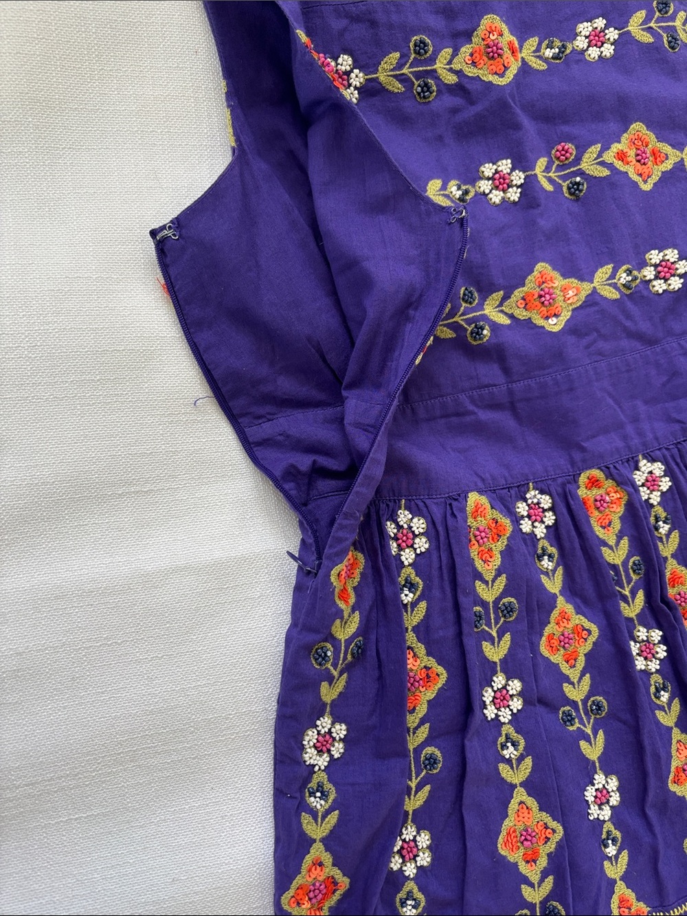 Maeve Violet Embroidered and beaded Sleeveless Dress with Yellow Trim -401sku - Picture 6 of 6